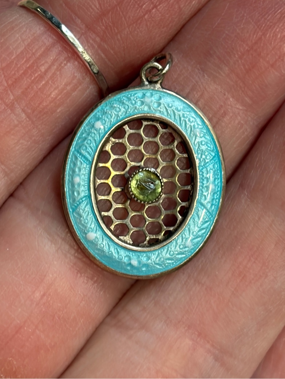 Art Deco Sterling Silver Light Blue Guilloche Enamel, Glass CabochonOval pendant - Picture 9 of 9